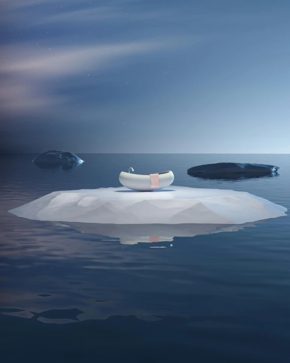 a piece of ice floating on top of a body of water, a low poly render, shutterstock contest winner, humans sleeping in healing pods, dingy lighting, 3d render 8k, ilustration