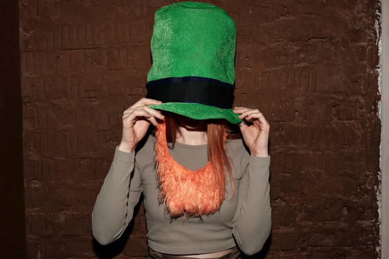 a woman with long red hair wearing a green hat, inspired by William Conor, pexels, square, fancy dress, beer, ƒ/5.6