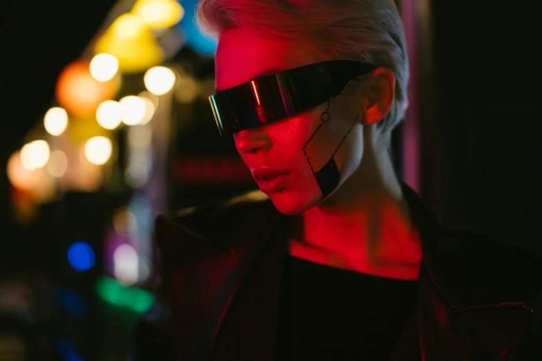 a close up of a person wearing sunglasses, cyberpunk art, trending on pexels, glowing visor, bladerunner street, attractive androgynous humanoid, cyberpunk night street