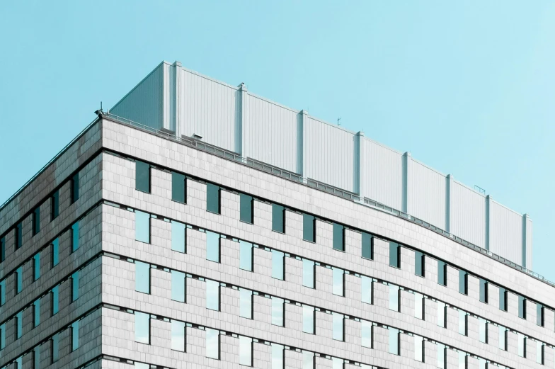 a very tall building with lots of windows, an album cover, by Adam Marczyński, unsplash, brutalism, white and pale blue, healthcare, illustration, fan favorite