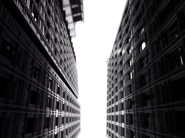 a couple of tall buildings next to each other, a black and white photo, inspired by Thomas Struth, unsplash, cube portals, alleys, infinity, grid and web