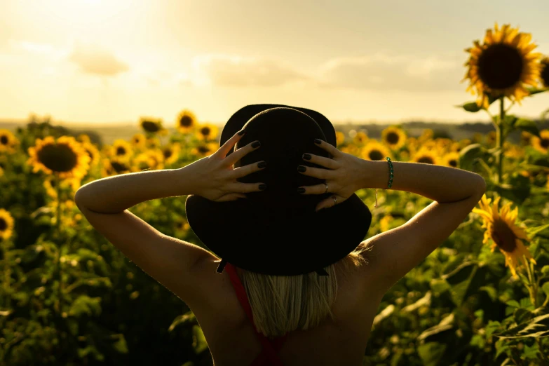 a woman in a hat standing in a field of sunflowers, pexels contest winner, back lit, hands in her hair, sunburn, black sun hat