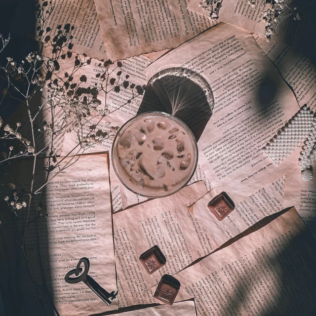 a glass of milk sitting on top of a newspaper, a polaroid photo, by Emma Andijewska, pexels contest winner, conceptual art, marauders map, books and flowers, background image