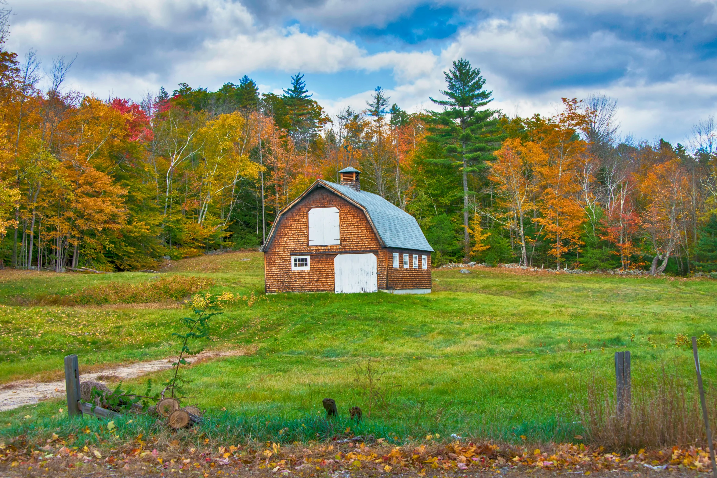 a barn sitting on top of a lush green field, pexels contest winner, hudson river school, colorful trees, new hampshire, 2 5 6 x 2 5 6 pixels, white plank siding