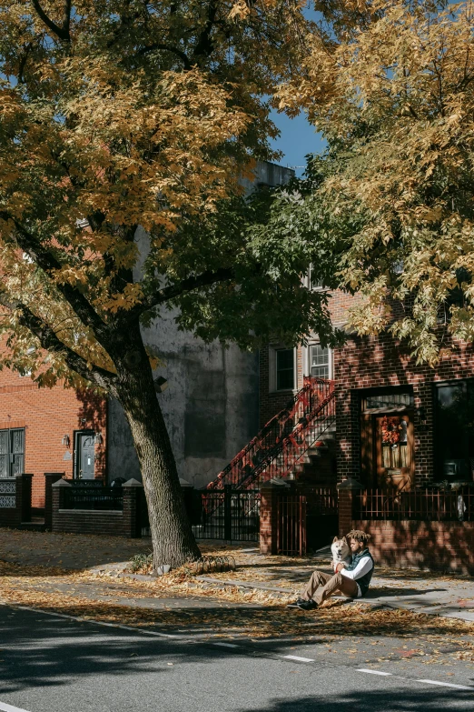 a person sitting on a bench under a tree, brick building, during autumn, neighborhood themed, ignant
