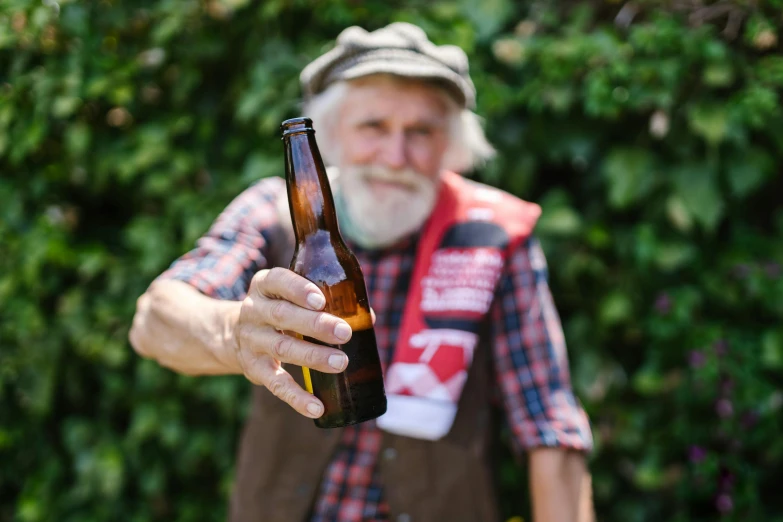 a man holding a beer bottle in his hand, pexels contest winner, overalls and a white beard, avatar image, no cropping, thumbnail