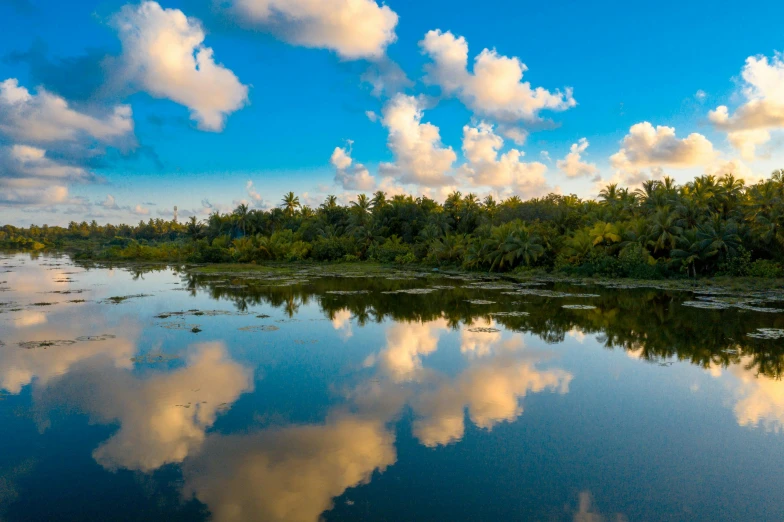 a body of water surrounded by trees and clouds, by Niklaus Manuel, coconut trees, reflects, slide show, panoramic