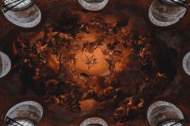 a painting on the ceiling of a building, by Thomas Wijck, pexels contest winner, baroque, amalgamation of embers, trinity, julia sarda, symetrical scene