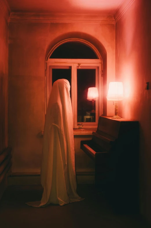 a ghost standing in front of a window next to a piano, nun outfit, ignant, night light, ( ( theatrical ) )