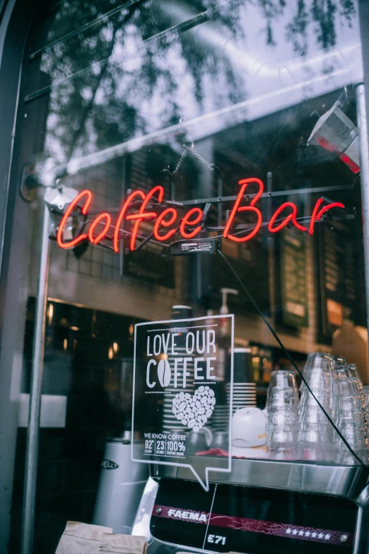 a coffee bar with a neon sign in the window, pexels contest winner, happening, long coffee brown hair, thumbnail, college