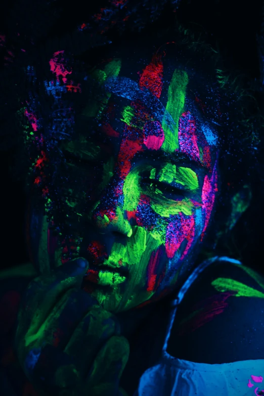 a woman with fluorescent paint on her face, an album cover, trending on pexels, art photography, luminous veins, colorful]”, portrait made of paint, illuminated