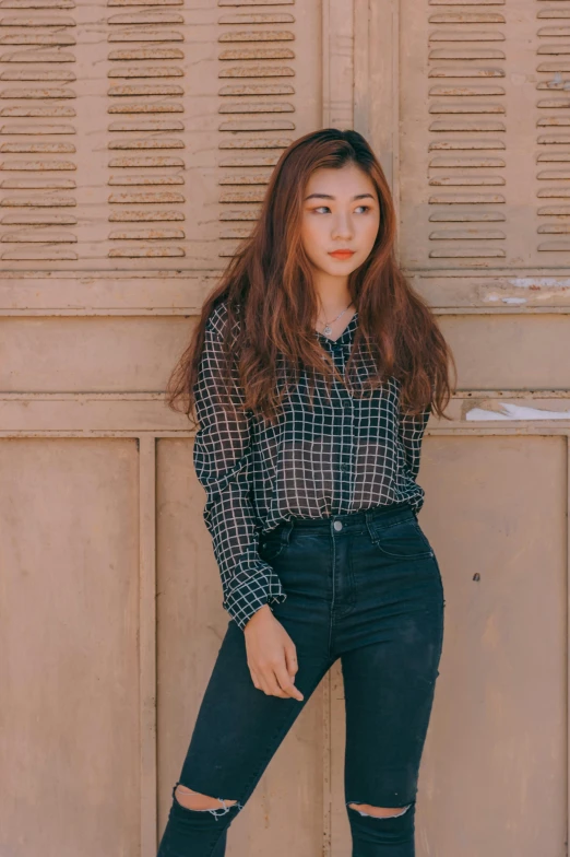 a woman standing in front of a wooden door, by Max Buri, trending on unsplash, kawaii shirt and jeans, beautiful young korean woman, square, 15081959 21121991 01012000 4k