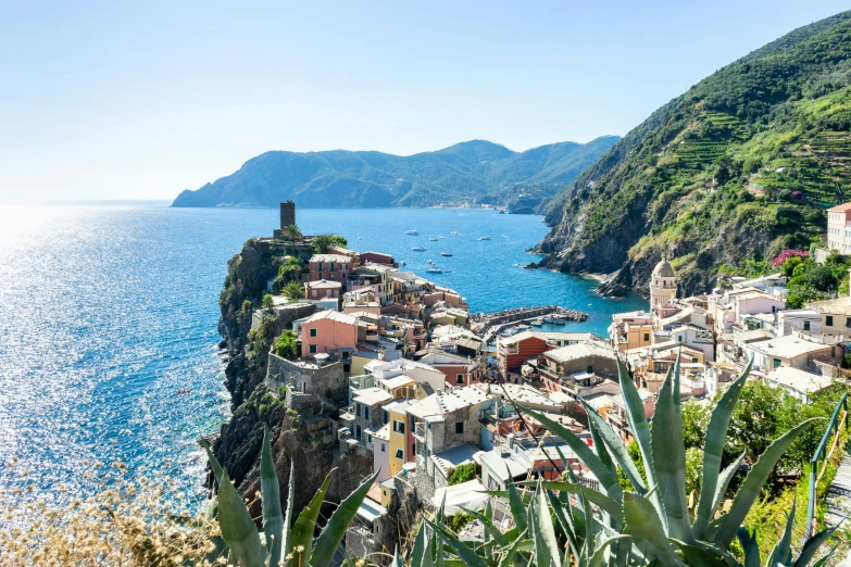 a village on the edge of a cliff overlooking the ocean, pexels contest winner, renaissance, tiled roofs, vouge italy, slide show, summer sunlight