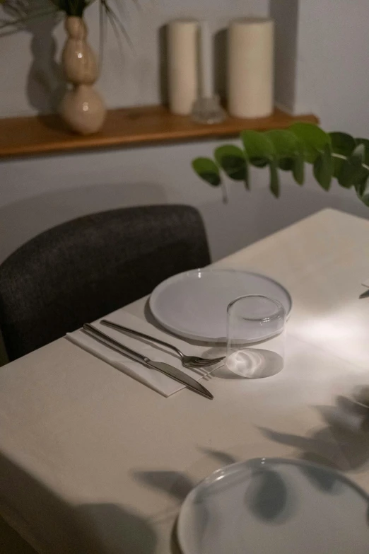 a white table topped with plates and silverware, mood light, leaves and simple cloth, indoor smooth light, close to night