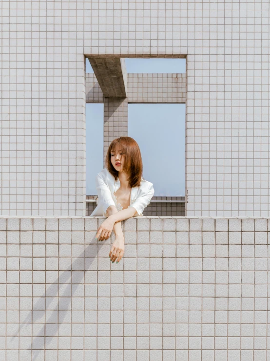 a woman sitting on a ledge looking out of a window, by Tan Ting-pho, pexels contest winner, neo-figurative, white block fence, with bangs, plain background, in a square