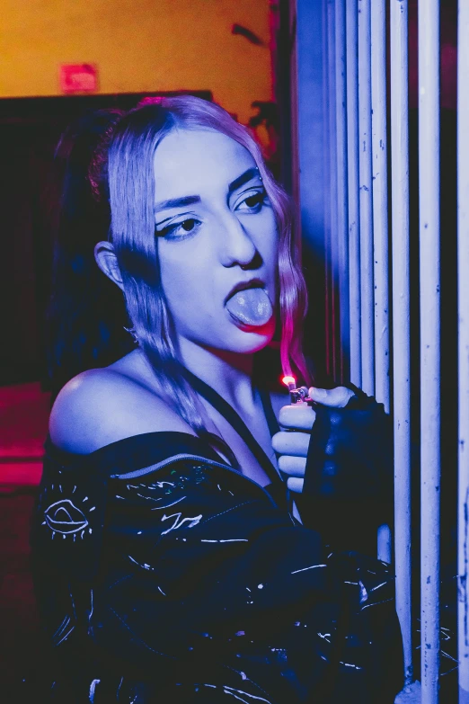 a woman smoking a cigarette in a dark room, an album cover, inspired by Elsa Bleda, unsplash, transgressive art, portrait of kim petras, dressed in punk clothing, ariana grande as a sith, tongue out