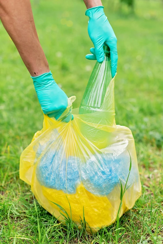 a person holding a plastic bag filled with blue and yellow balls, lawns, full of greenish liquid, trash, wearing gloves