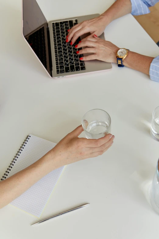 a couple of people sitting at a table with a laptop, filled with water, holding a drink, sat in an office, partially cupping her hands