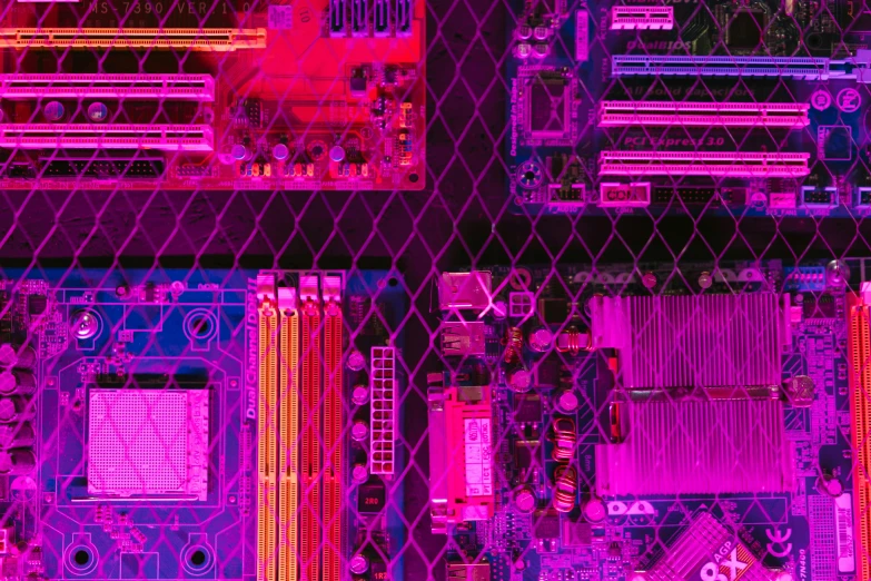 a close up of a computer mother board, by Andrei Kolkoutine, computer art, pink neon lights, pc screen image