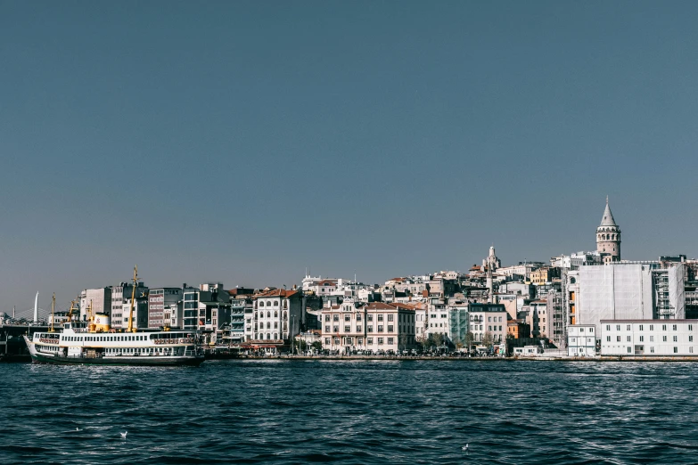 a large body of water next to a city, a colorized photo, pexels contest winner, turkey, port scene background, plain background, header text”