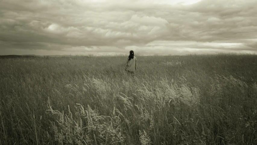 a person standing in a field of tall grass, a black and white photo, inspired by Katia Chausheva, unsplash, sepia colors, girl clouds, lonely, prairie