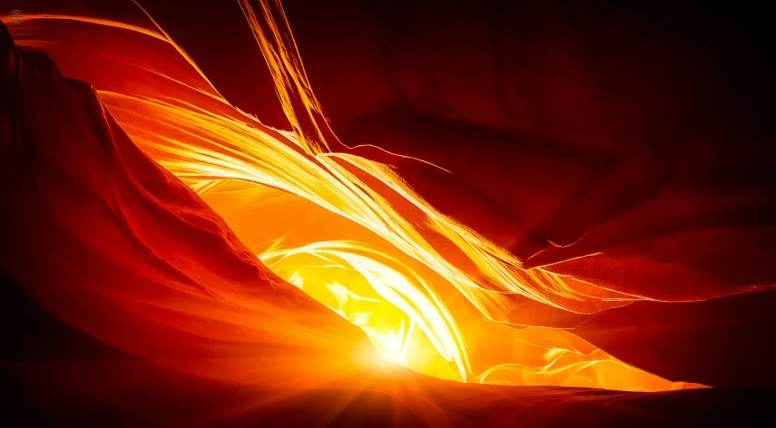 a close up of a light in a dark room, pexels contest winner, antelope canyon, bright yellow and red sun, bastien grivet, youtube thumbnail