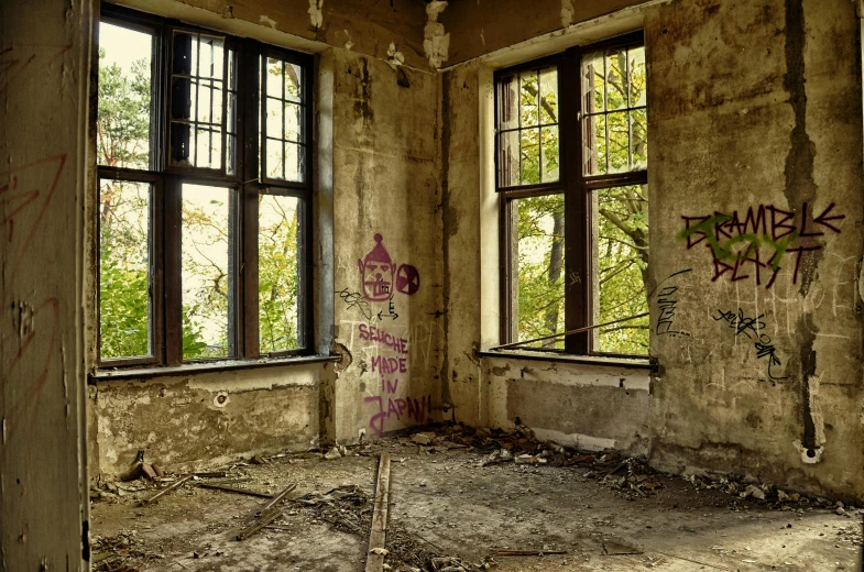 a room filled with lots of windows covered in graffiti, a photo, pexels contest winner, old photo of a creepy landscape, background image, demolition, jugendstill