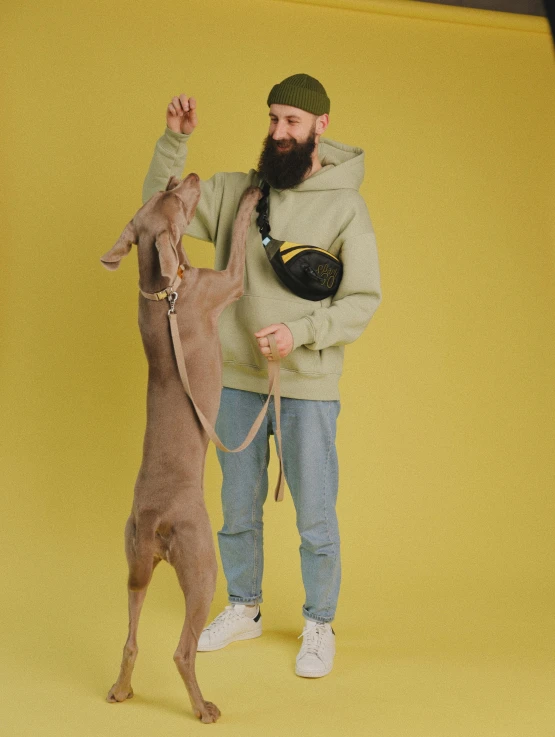 a man standing next to a dog on a leash, wearing a yellow hoodie, vinny vinesauce, lookbook, subject : kangaroo