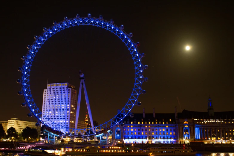 the london eye lit up in blue at night, pexels contest winner, romanticism, square, moonlight grey, 4k photo”, a colorful