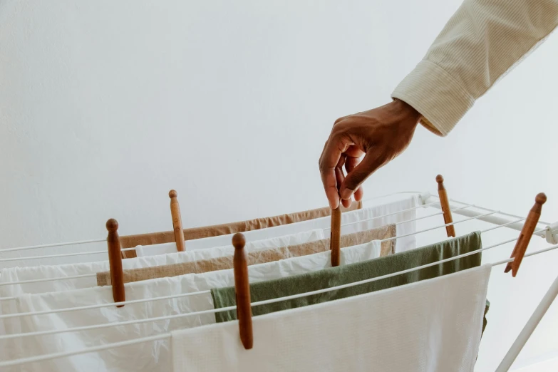 a person hanging clothes on a clothes line, trending on unsplash, green and brown tones, carrying a tray, set against a white background, wooden magic wand