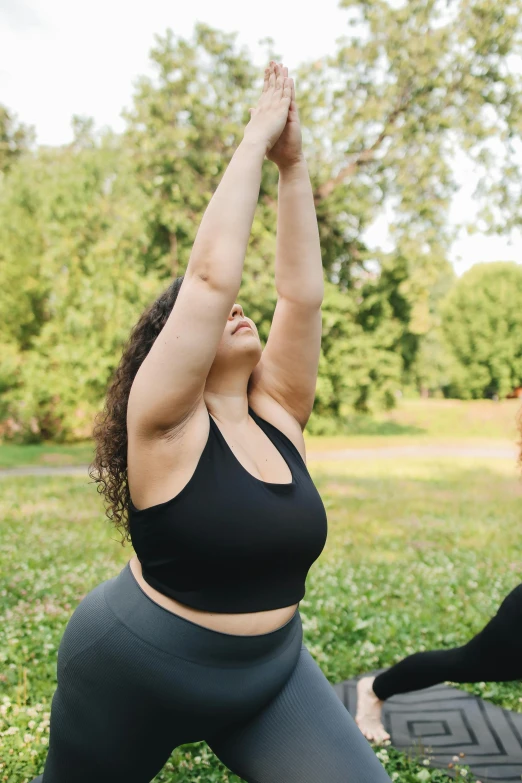 two women doing yoga in a park, trending on pexels, renaissance, a portrait of a plump woman, bra, raising an arm, detailed »