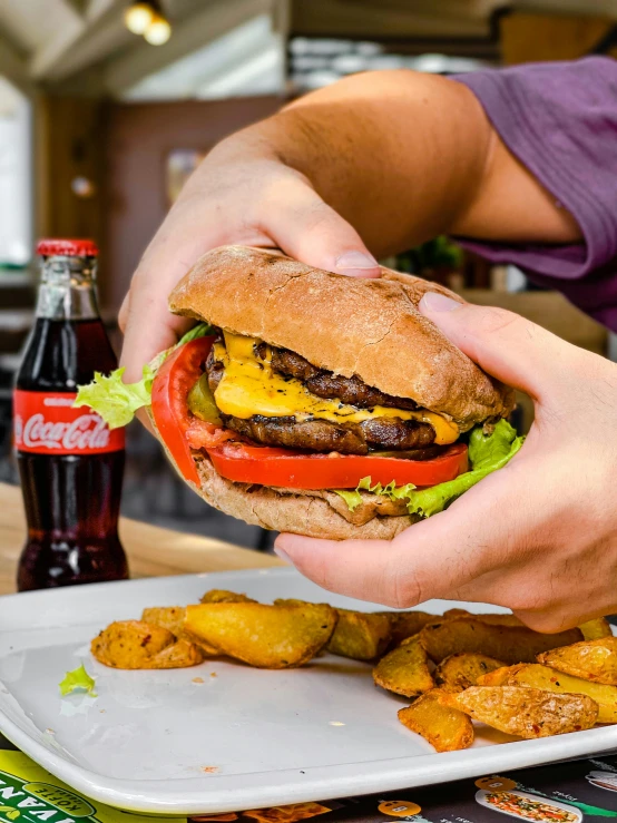 a close up of a person holding a hamburger on a plate, profile image, coke and chips on table, high quality product image”, frontal shot