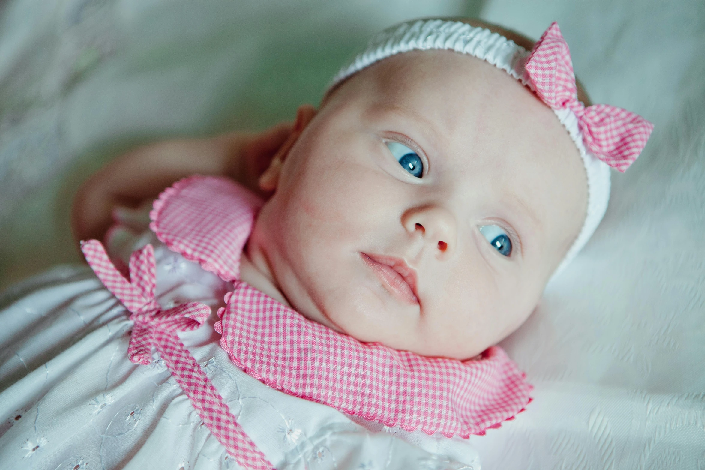 a close up of a baby wearing a pink dress, blue eyes and large forehead, bows, high quality upload, portrait image