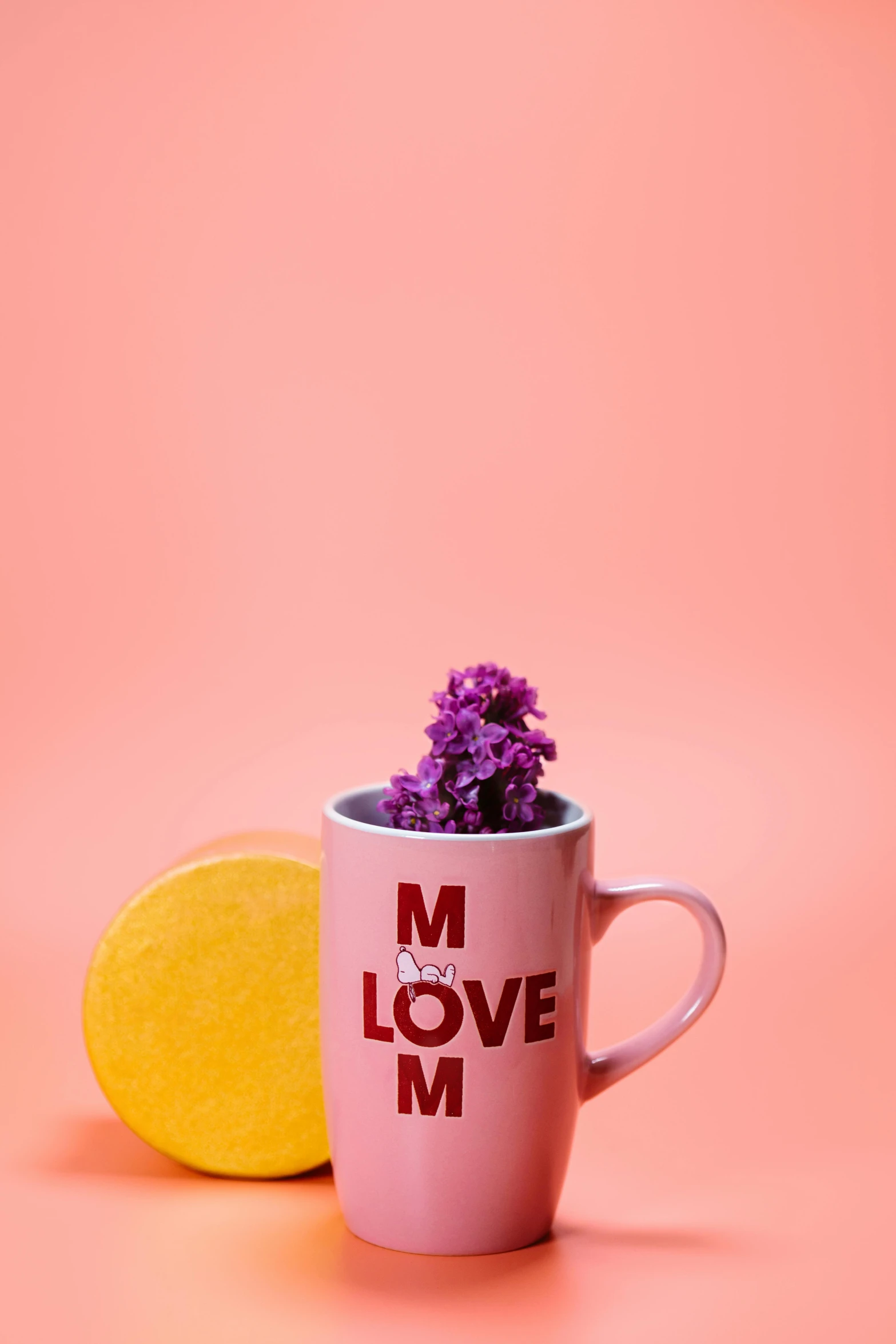 a cup filled with purple flowers next to a lemon, pop figure of mom with long, in front of an orange background, product shot, hearts