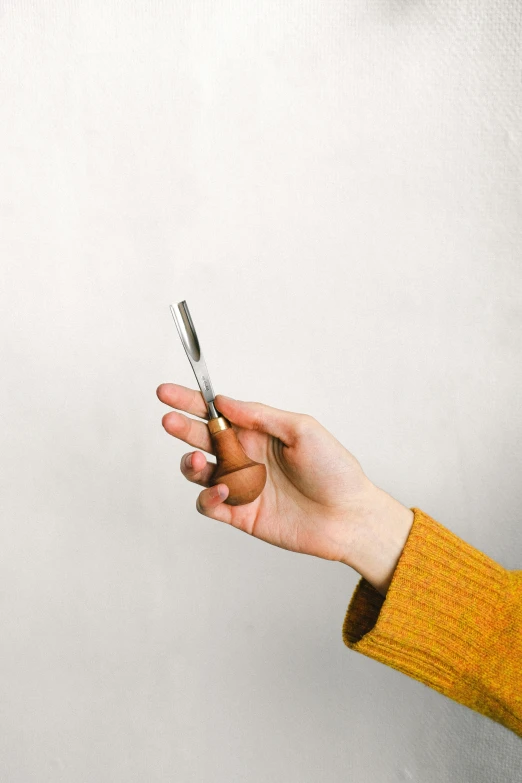 a person holding a cell phone in their hand, by Matthias Stom, trending on pexels, photorealism, holding a kitchen knife, unclipped fingernails, minimalist photorealist, small hairs