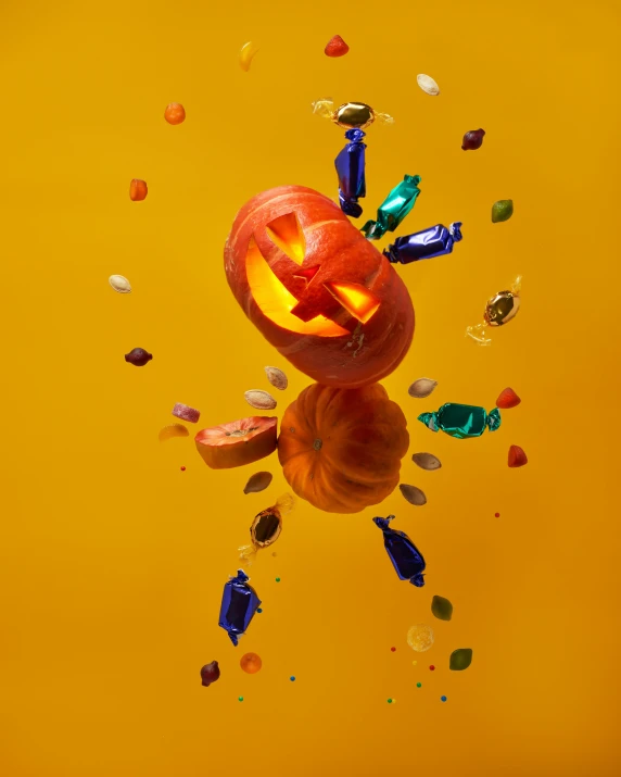 a pumpkin sitting on top of a table covered in confetti, by Alison Geissler, conceptual art, candies, leaping towards viewer, ad image, promotional image