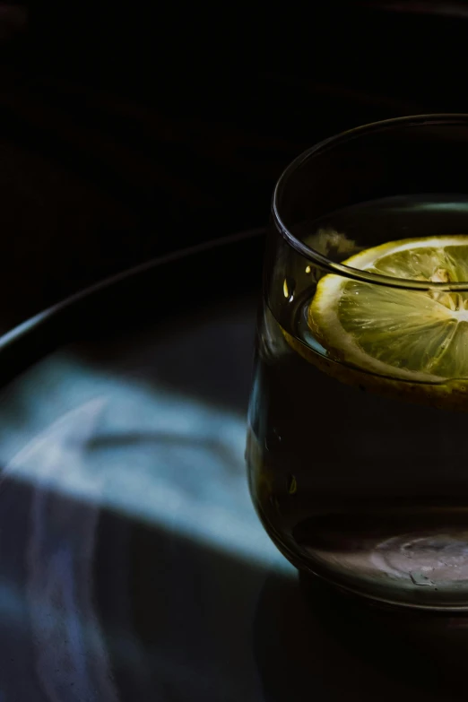 a glass of tea with a slice of lemon in it, a portrait, by Andrew Domachowski, unsplash, photorealism, ghostly low light, absinthe, promo image, round-cropped