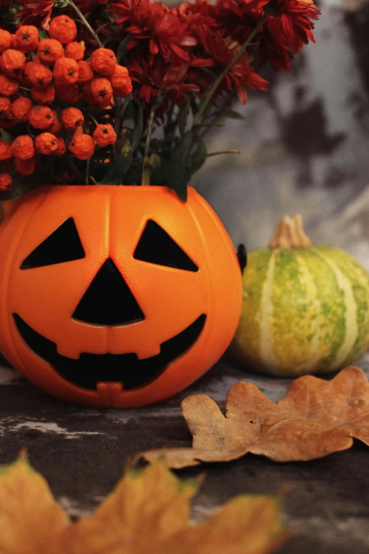 a vase filled with flowers sitting on top of a table, holding a jack - o - lantern, zoom shot, smiling, square