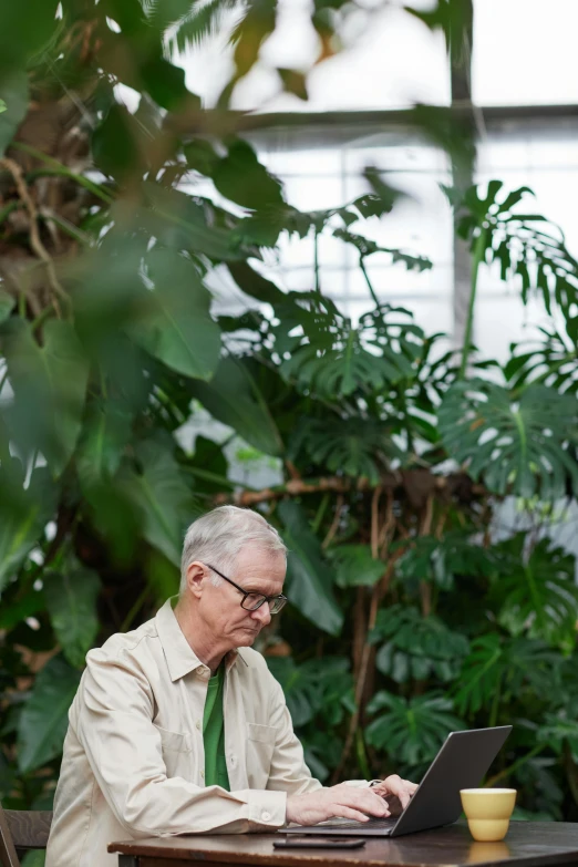 a man sitting at a table using a laptop computer, by Peter Churcher, unsplash, visual art, botanic foliage, biodome, man with glasses, tropical foliage