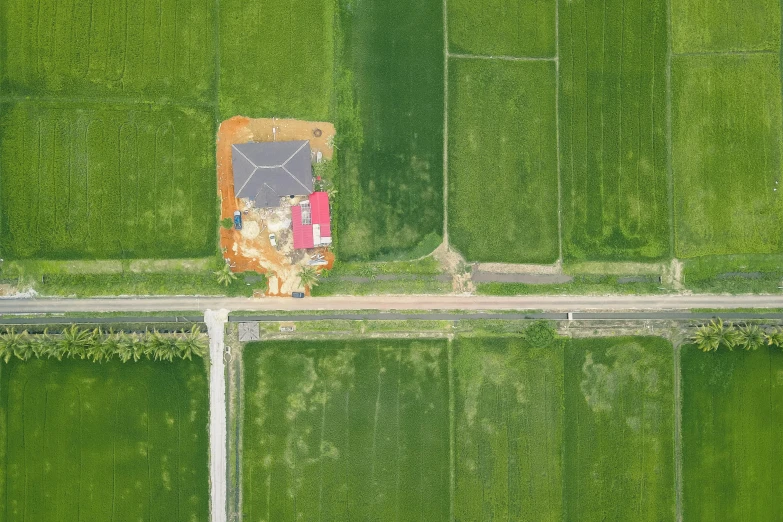 a bird's eye view of a green field, an album cover, unsplash contest winner, arsitektur nusantara, houses and roads, construction, 15081959 21121991 01012000 4k