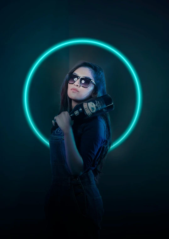 a woman standing in front of a neon circle, inspired by Leng Mei, pexels contest winner, holding a blaster, ring lighting, ambient teal light, discord profile picture