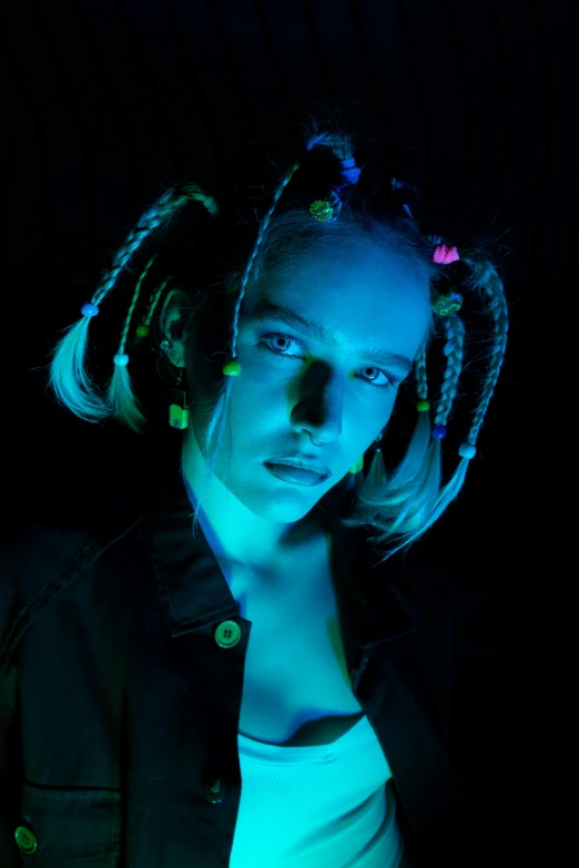 a woman with dreadlocks standing in the dark, an album cover, inspired by Elsa Bleda, unsplash, neo-dada, portrait of kim petras, two pigtails hairstyle, neon cybernetic implants, sydney sweeney