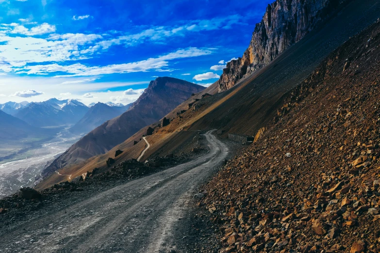 a dirt road going up the side of a mountain, by Julia Pishtar, pexels contest winner, himalayas, 4 k cinematic panoramic view, gravel and scree ground, thumbnail