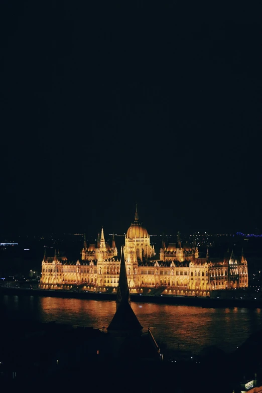 the hungarian parliament building lit up at night, pexels contest winner, analog photo, ✨🕌🌙, view from high, instagram photo