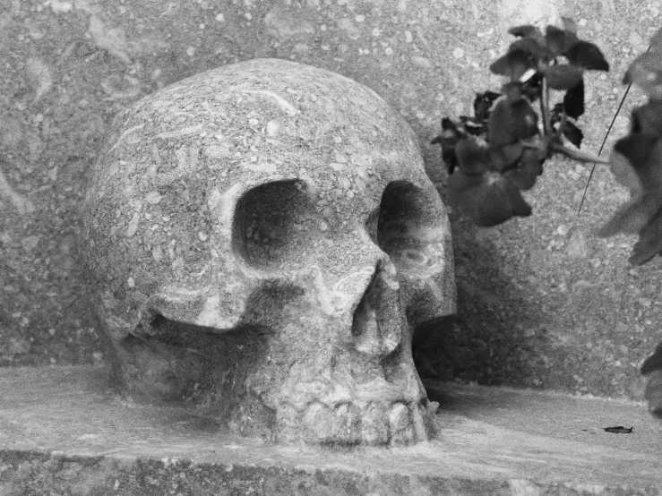 a black and white photo of a human skull, a black and white photo, by Jan Kupecký, pixabay, weeds and ivy on the graves, stone carving, medieval photograph, 2 0 0 4 photograph