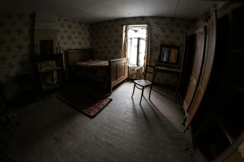 a room with a bed and a chair in it, a portrait, pexels contest winner, location of a dark old house, wide-angle view, the conjuring, brown