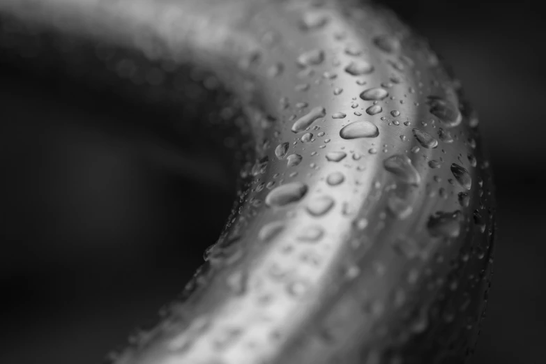 a close up of a metal bar with water droplets on it, by Adam Marczyński, rubber hose, gray scale, curves, overcast bokeh - c 5