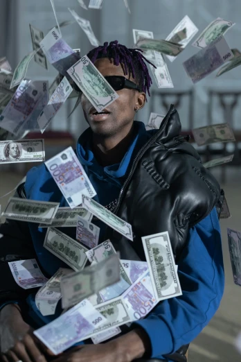 a man standing in front of a pile of money, an album cover, pexels contest winner, hyperrealism, he wears an eyepatch, playboi carti, bank robbery, mid air