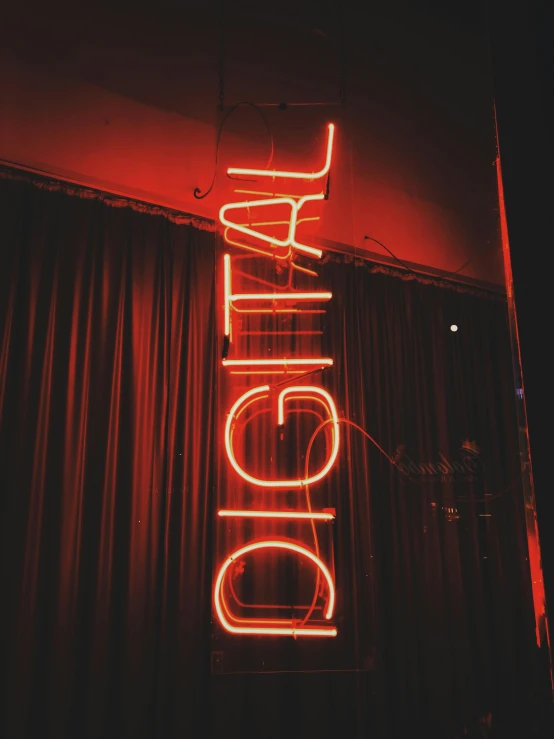 a neon sign hanging from the side of a wall, a digital rendering, pexels, black and red colour palette, digital marketing, dsrl photo, neon standup bar