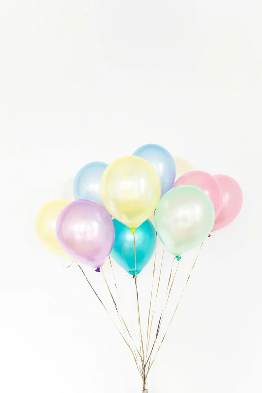 a teddy bear holding a bunch of balloons, pearlescent hues, in pastel shades, with a white background, mother of pearl iridescent